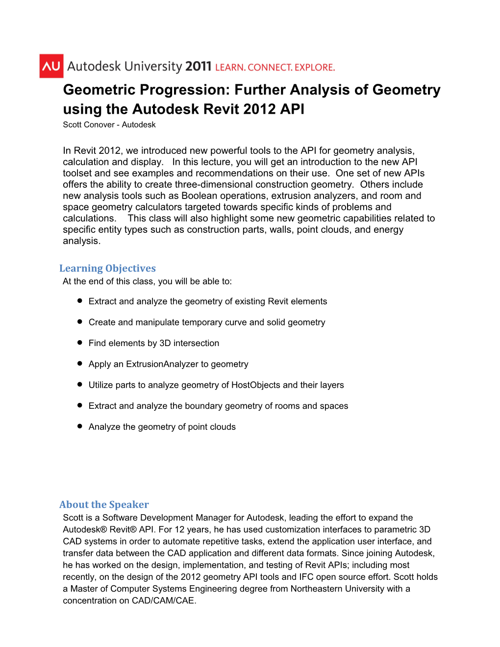 Geometric Progression: Further Analysis of Geometry Using the Autodesk Revit 2012 API
