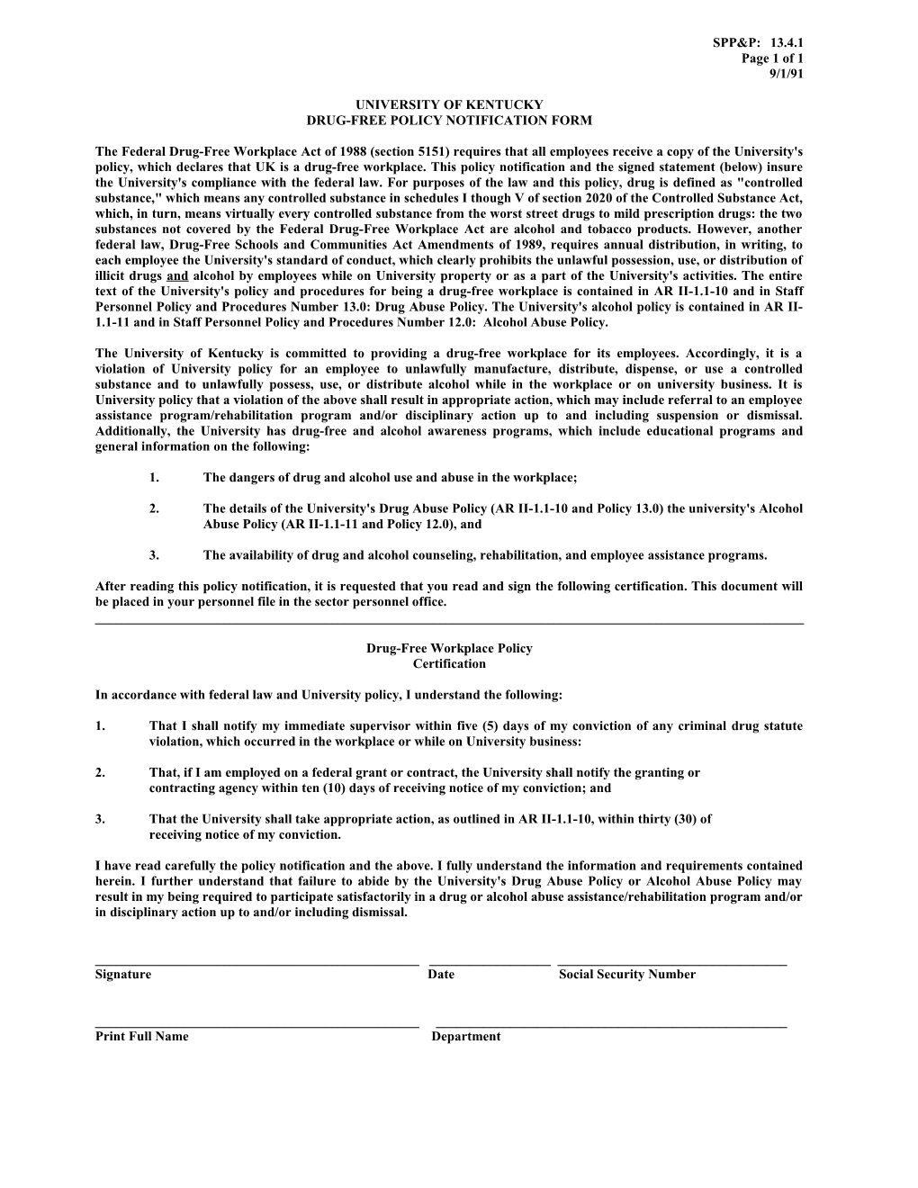 Drug-Free Policy Notification Form