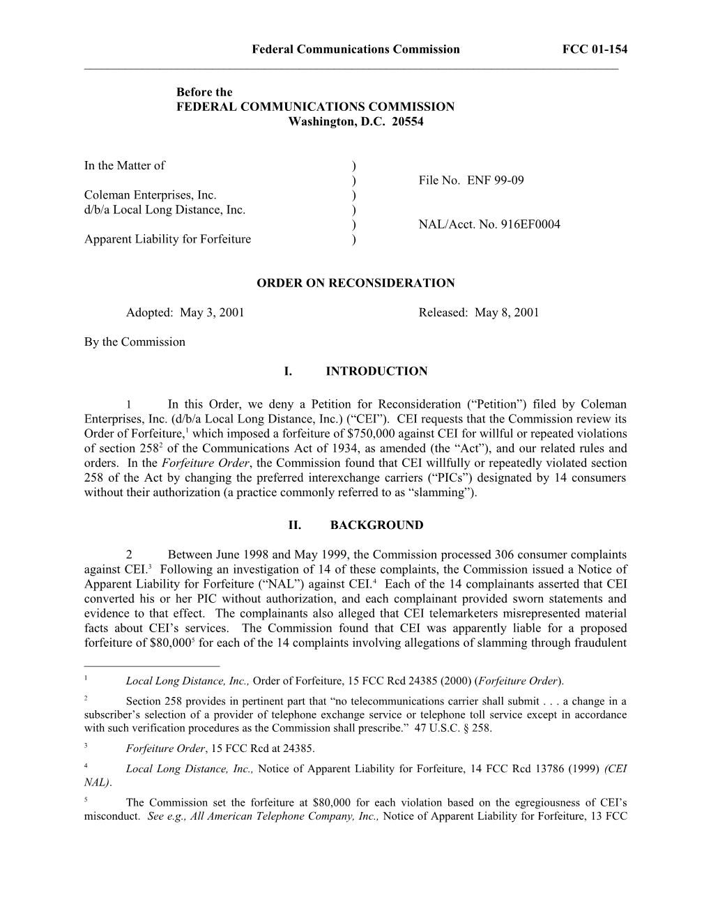 Federal Communications Commission FCC 01-154