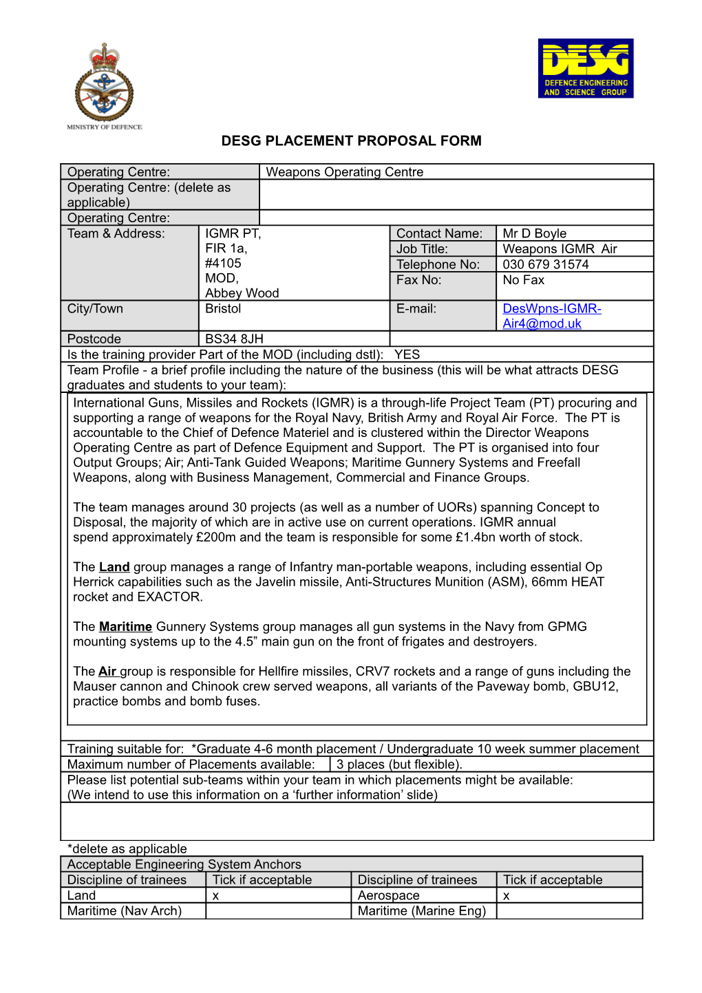 IGMR DESG Placement Proposal Form