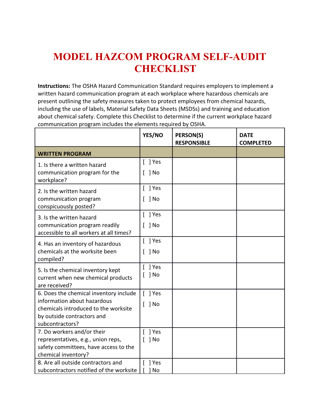 Model Hazcom Program Self-Audit Checklist