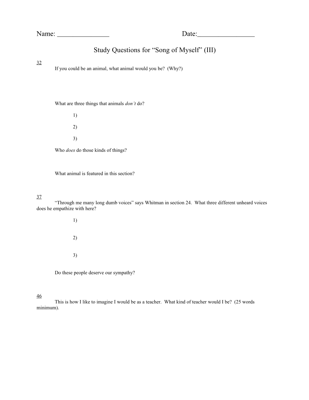 Study Questions for Song of Myself (I)