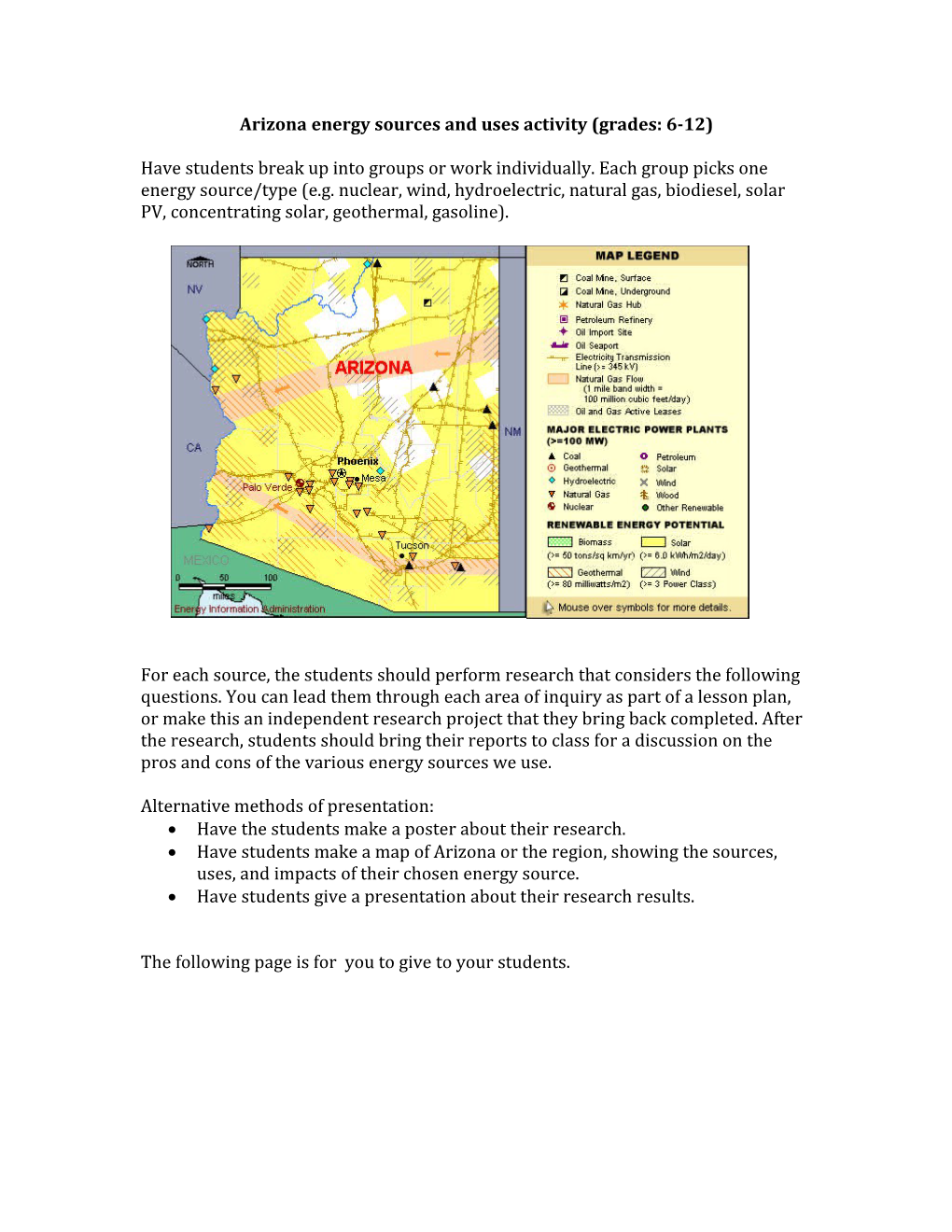 Arizona Energy Sources and Uses Activity (Grades: 6-12)