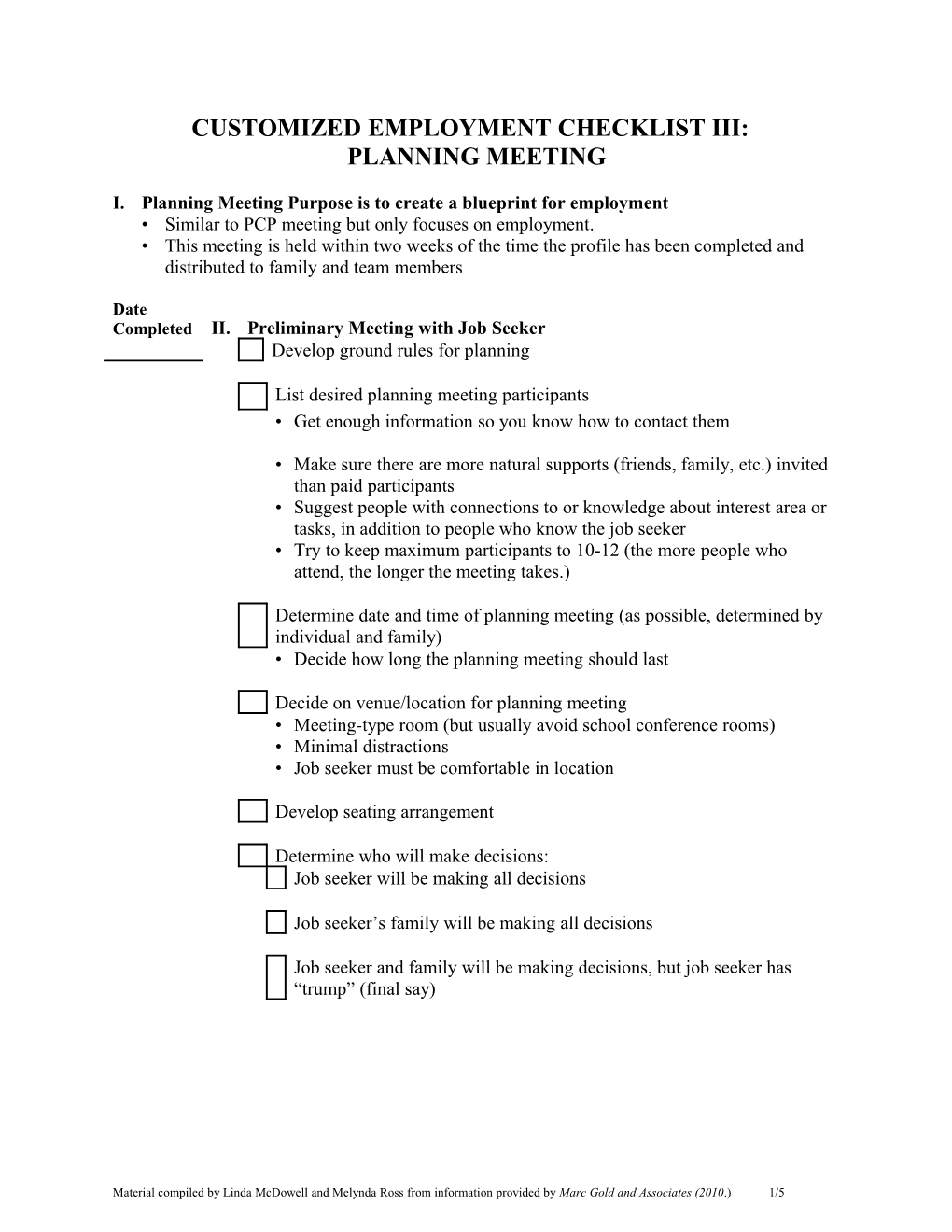 Customized Employment Checklist III: Planning Meeting