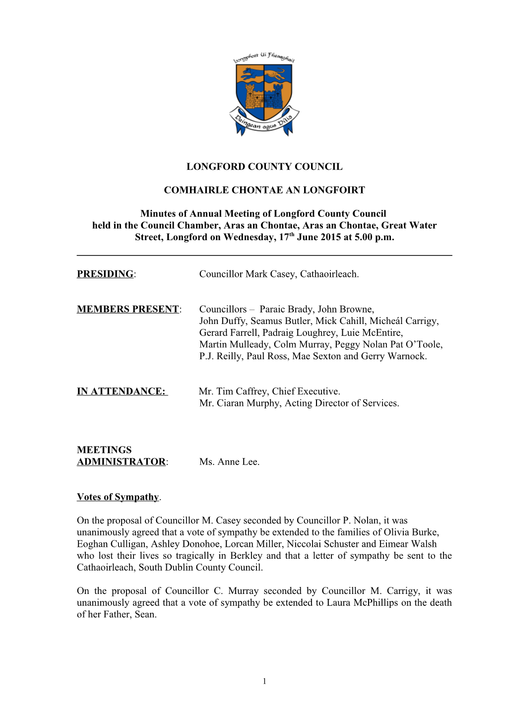 Minutes of Annual Meeting of Longford County Council