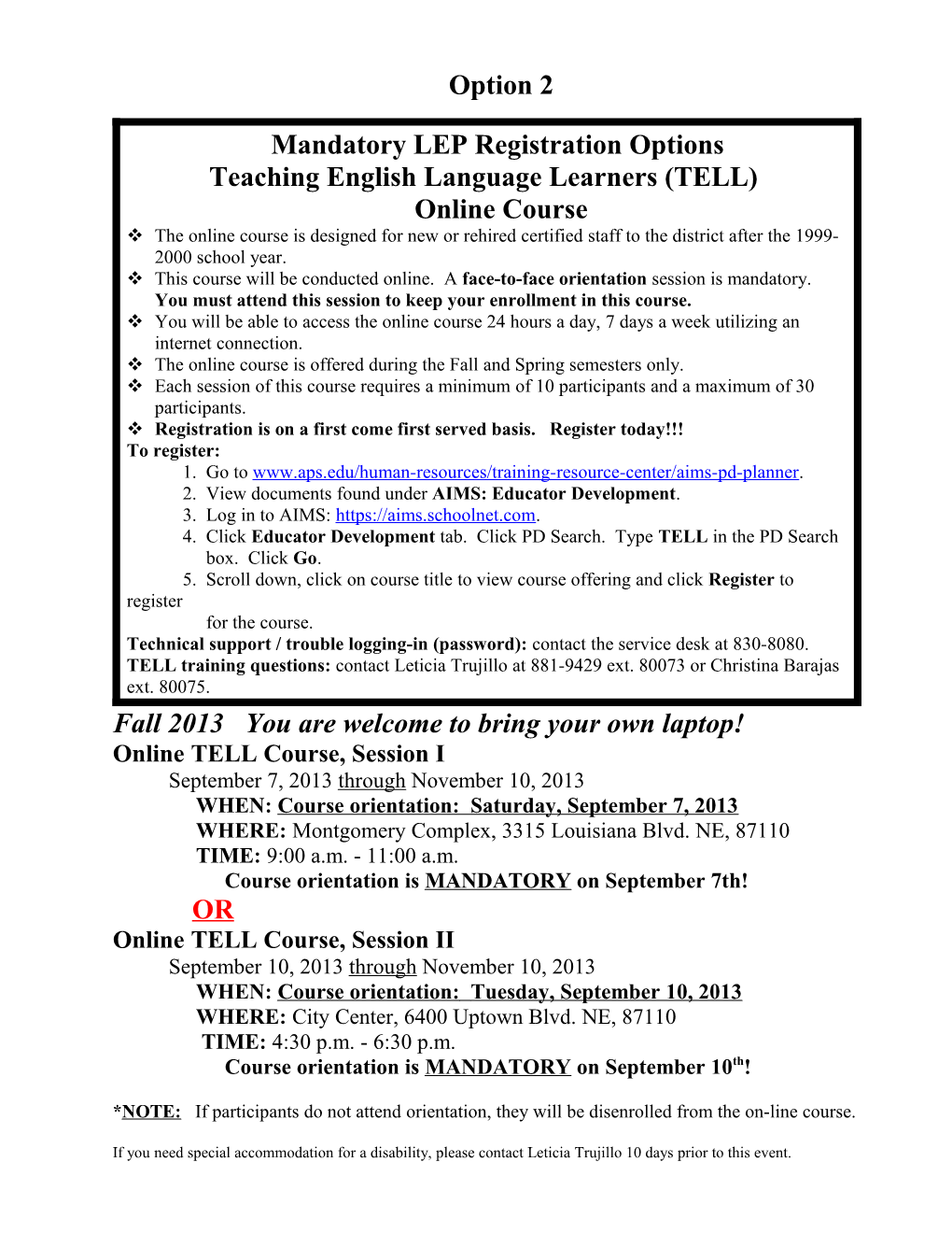Mandatory LEP Registration Options Teaching English Language Learners (TELL)