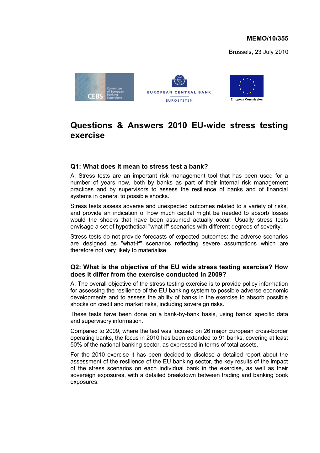 Questions & Answers2010 EU-Wide Stress Testing Exercise