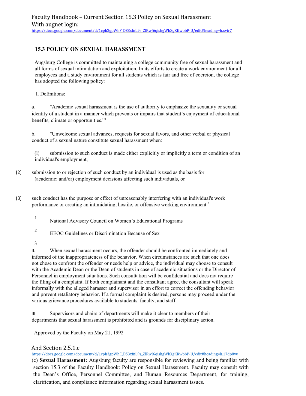 Faculty Handbook Currentsection 15.3 Policy on Sexual Harassment