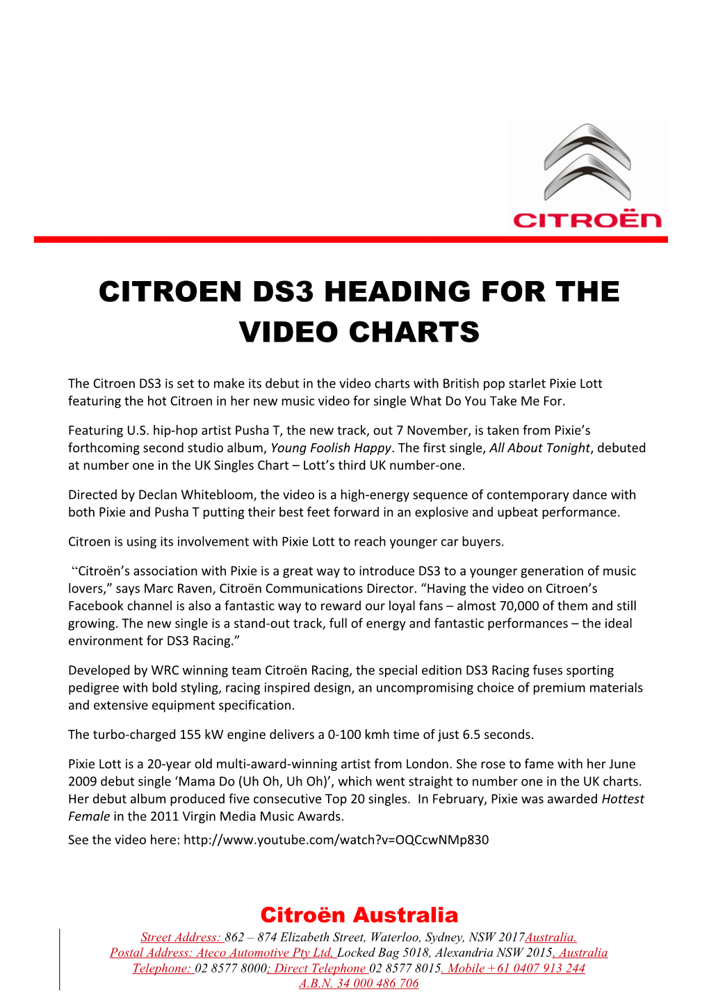 Citroen Ds3 Heading for the Video Charts