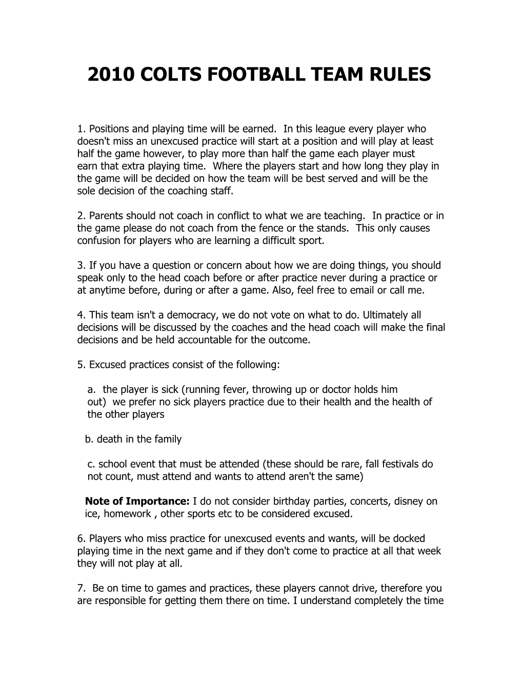 2010 Colts Football Team Rules