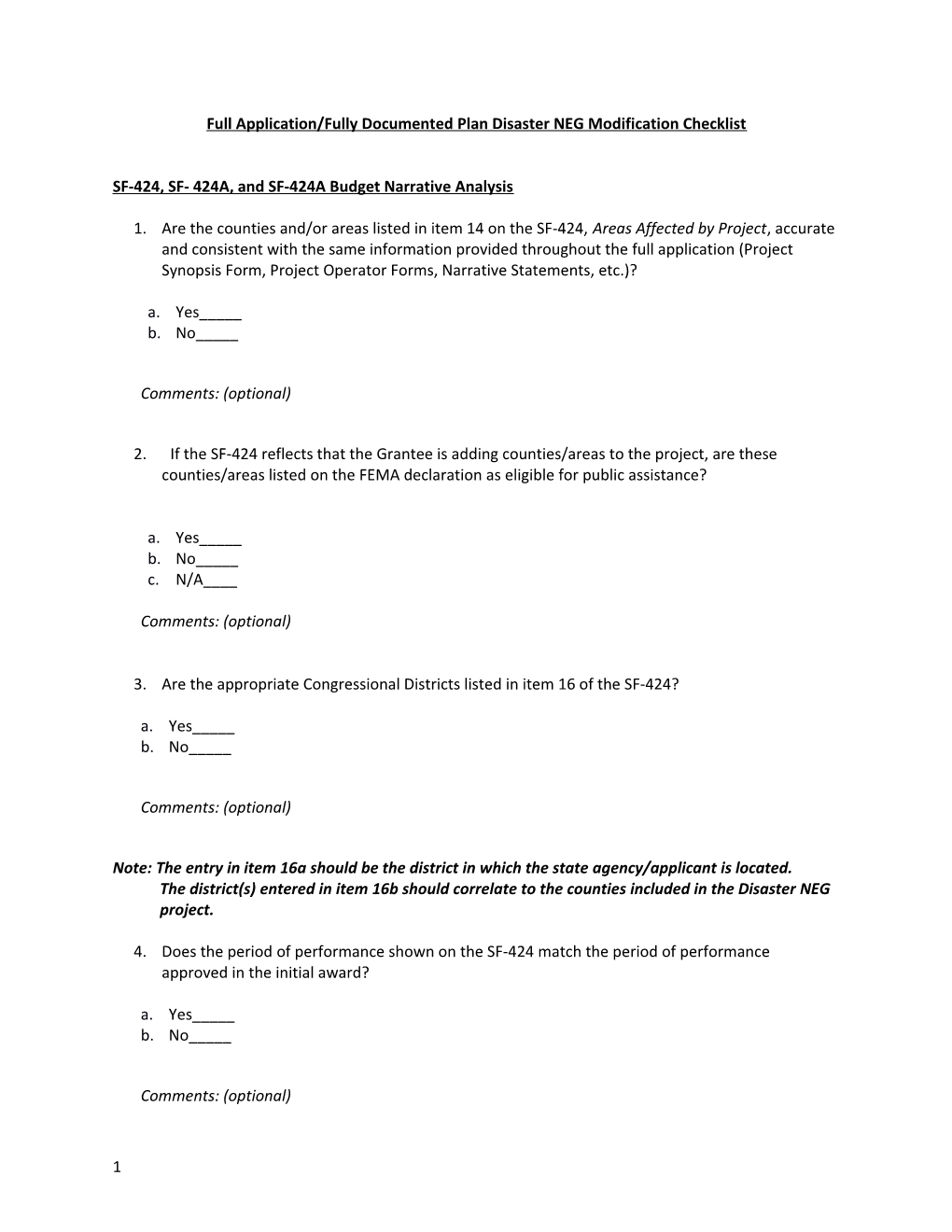 Full Application/Fully Documented Plan Disaster NEG Modification Checklist