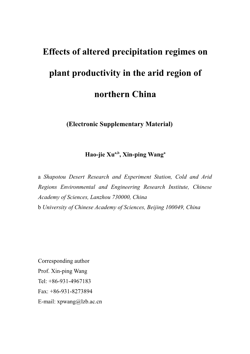 Effects of Altered Precipitation Regimes on Plant Productivity in the Arid Region of Northern