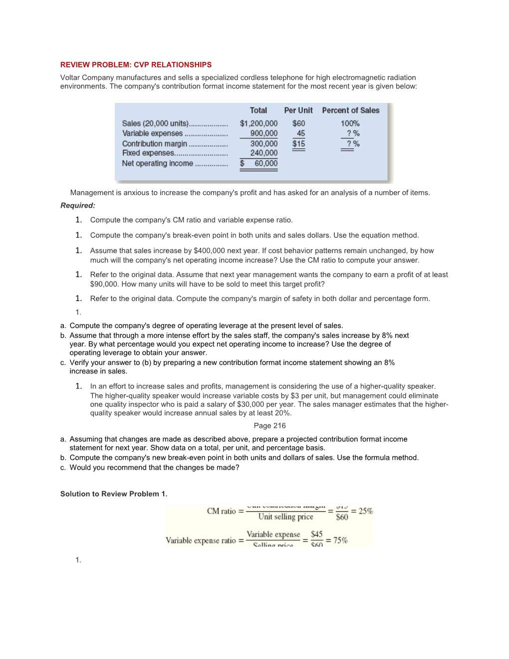 Review Problem: Cvp Relationships