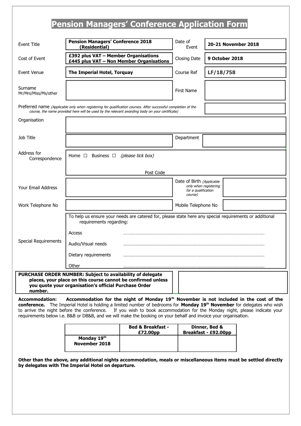 Pension Managers Conference Application Form