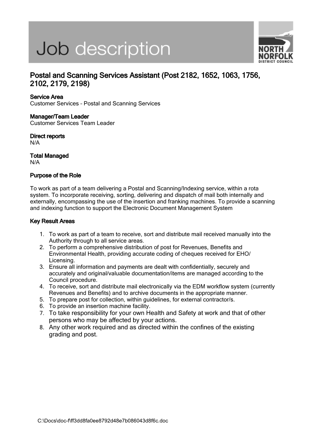 Postal and Scanning Services Assistant (Post 2182, 1652, 1063, 1756, 2102, 2179, 2198)