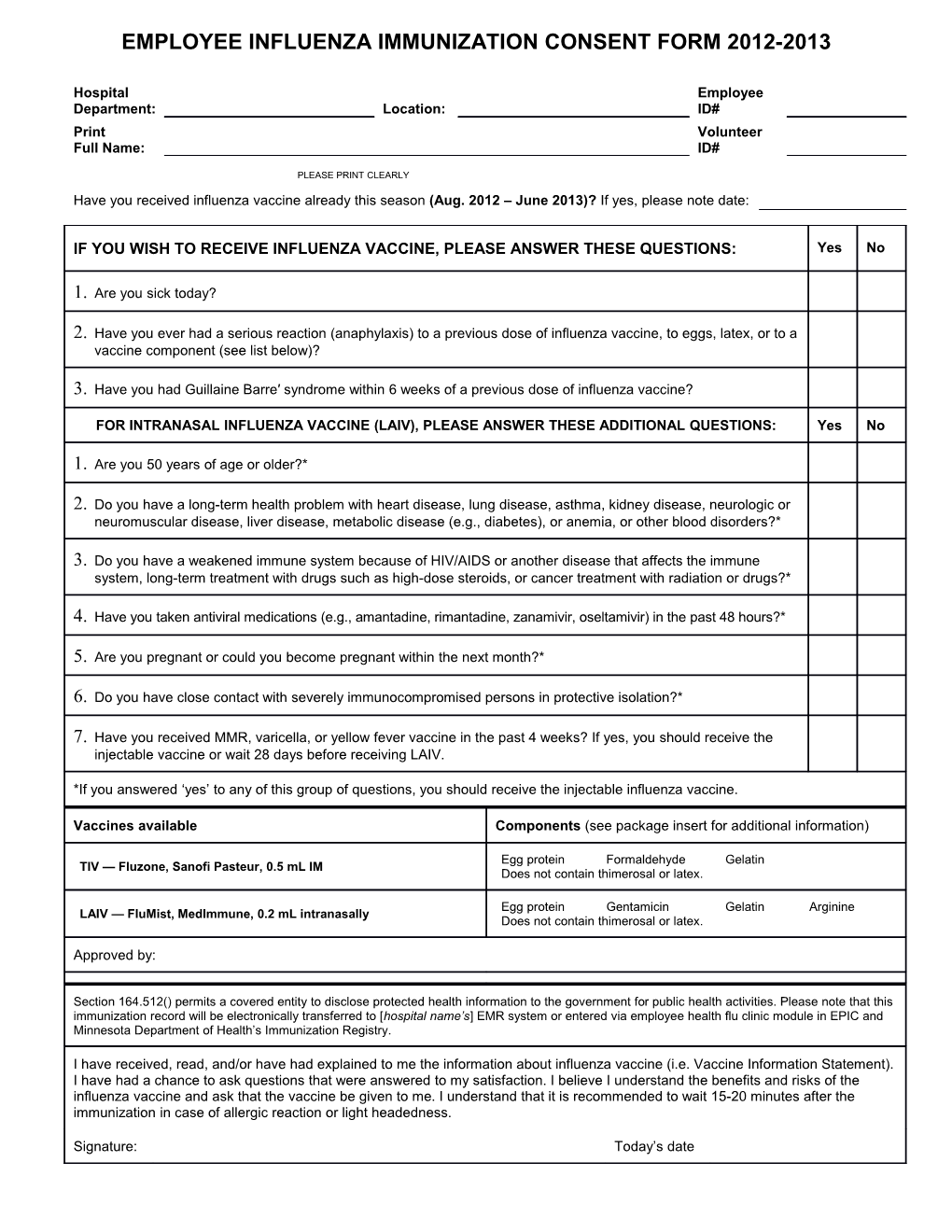 Employee Influenza Immunization Consent Form 2012-2013
