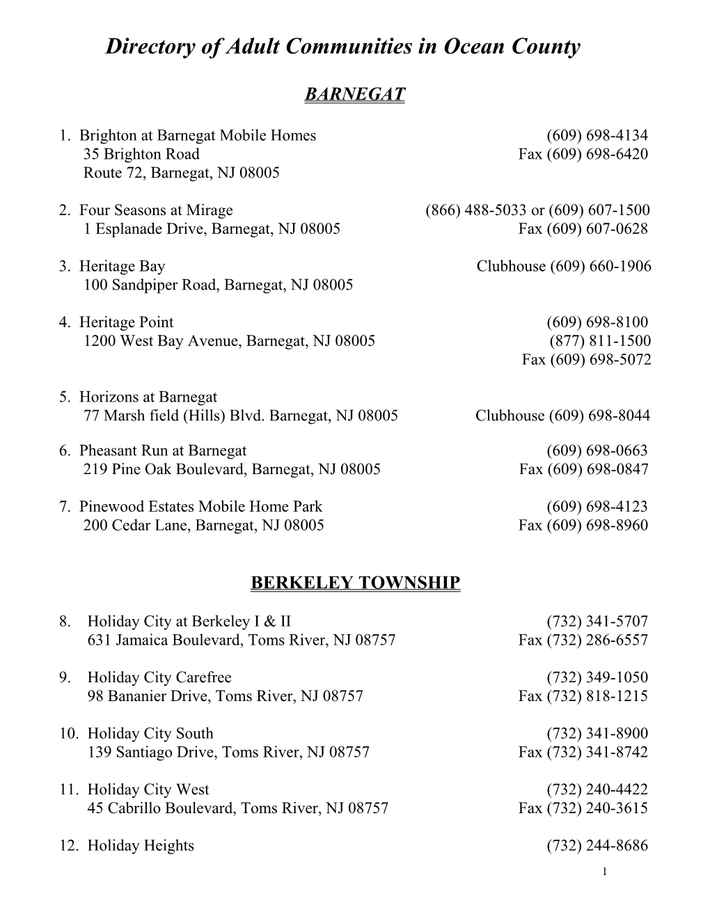 Directory of Adult Communities in Ocean County