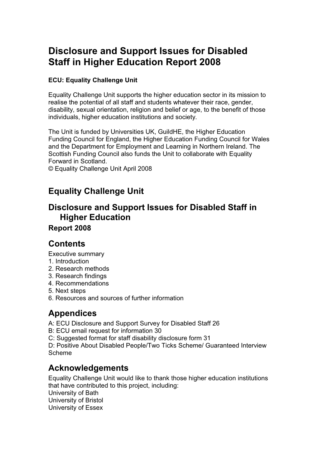 Disclosure and Support Issues for Disabled Staff in Higher Education Report 2008