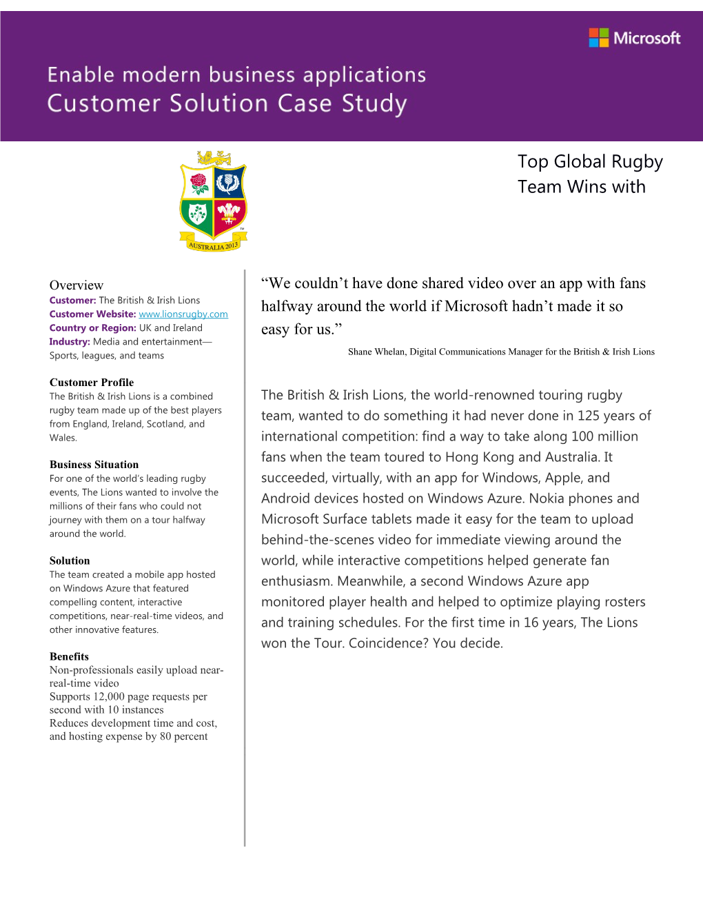 Top Global Rugby Team Wins with Cloud Apps That Motivate Fans, Monitor Player Health