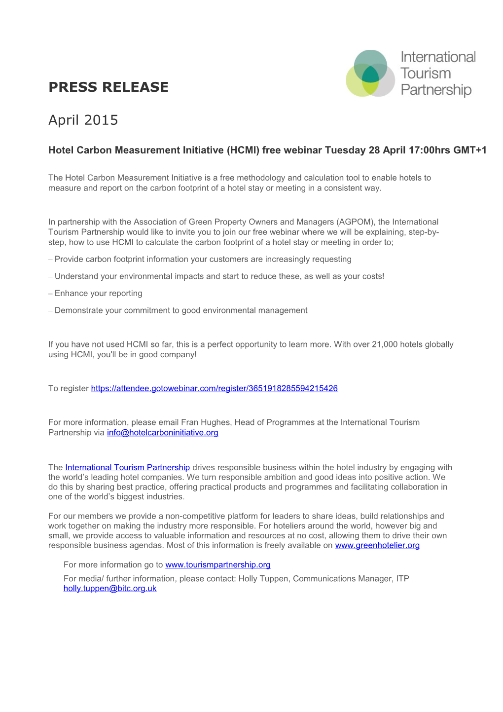 Hotel Carbon Measurement Initiative (HCMI) Free Webinar Tuesday 28 April 17:00Hrs GMT+1
