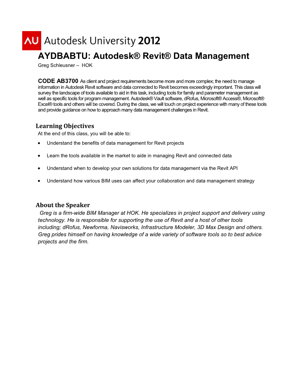 AYDBABTU: Autodesk Revit Data Management