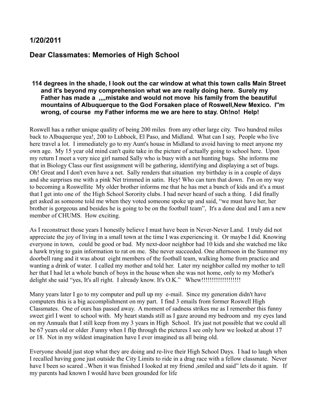 Dear Classmates: Memories of High School