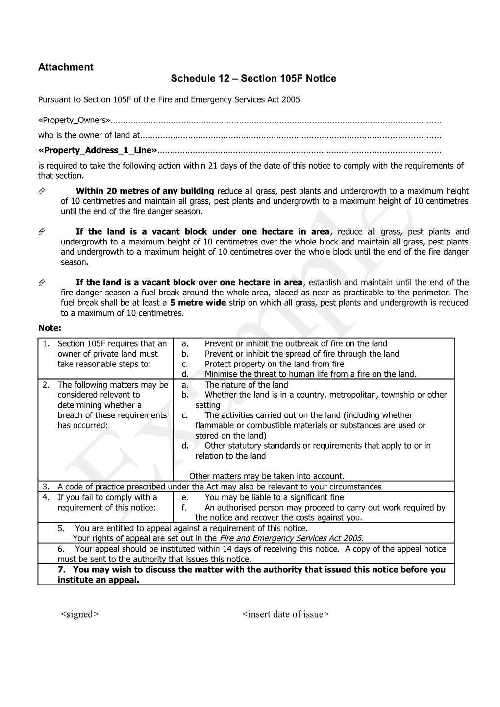 Schedule 12 Section 105F Notice