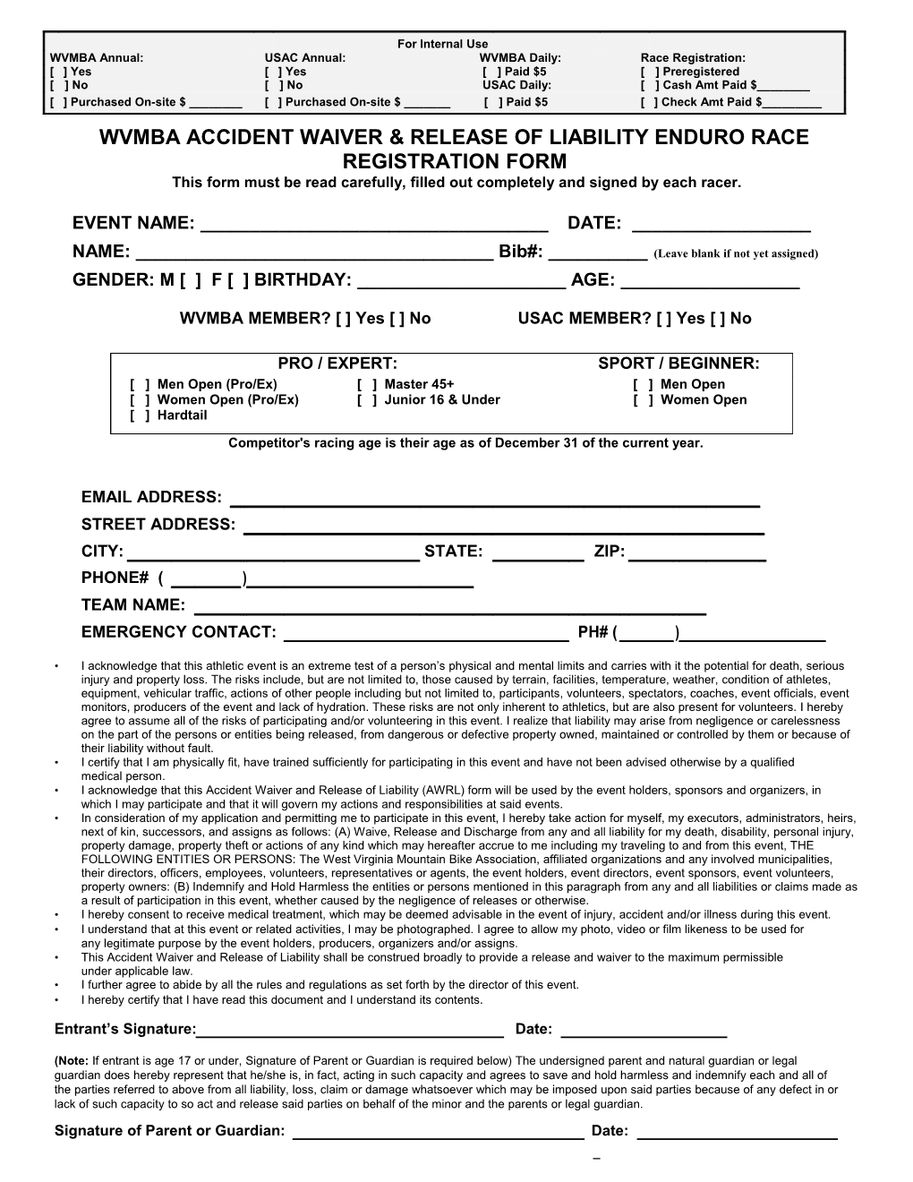 Wvmba Accident Waiver & Release of Liability Enduro Race Registration Form