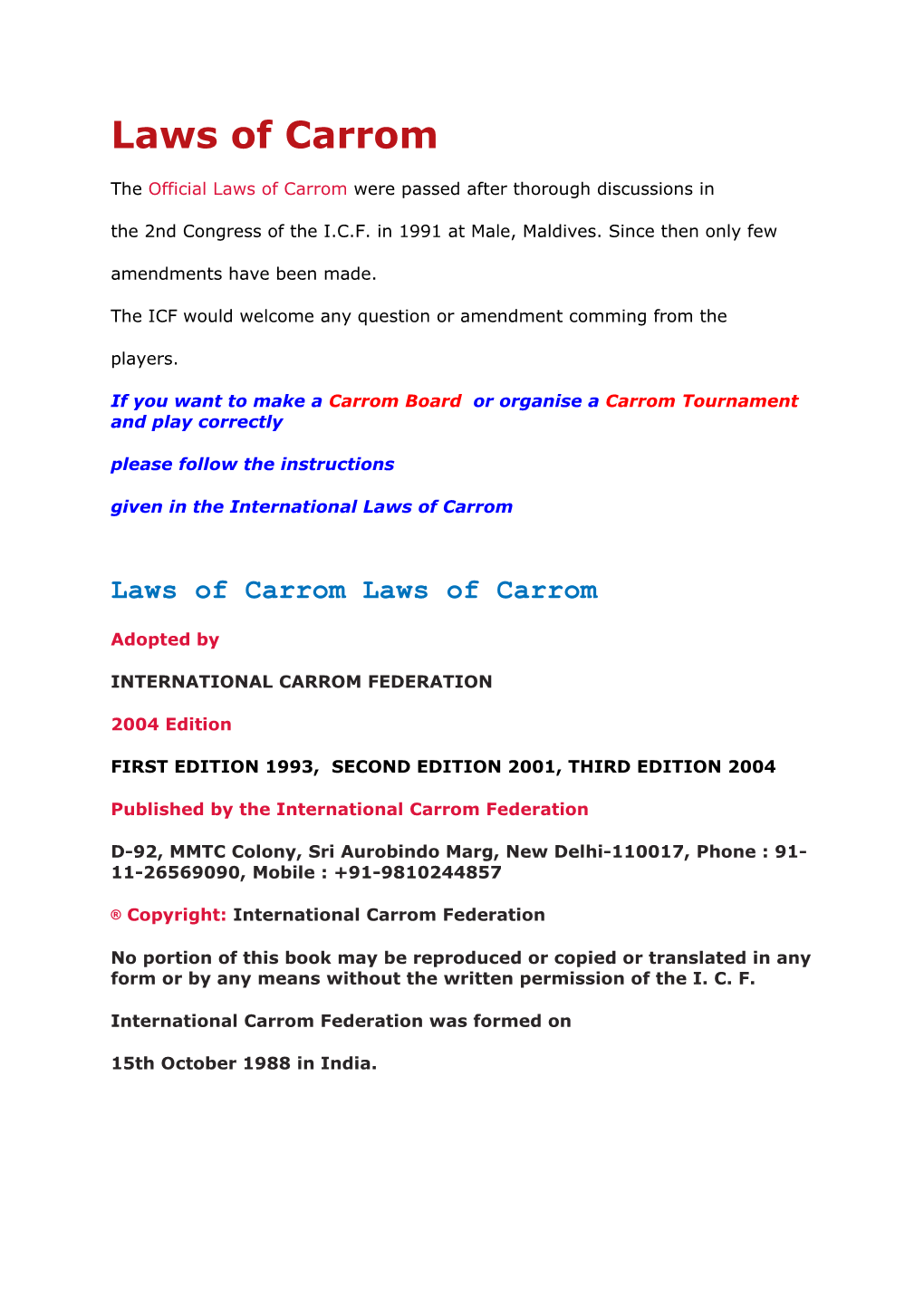 Laws of Carrom