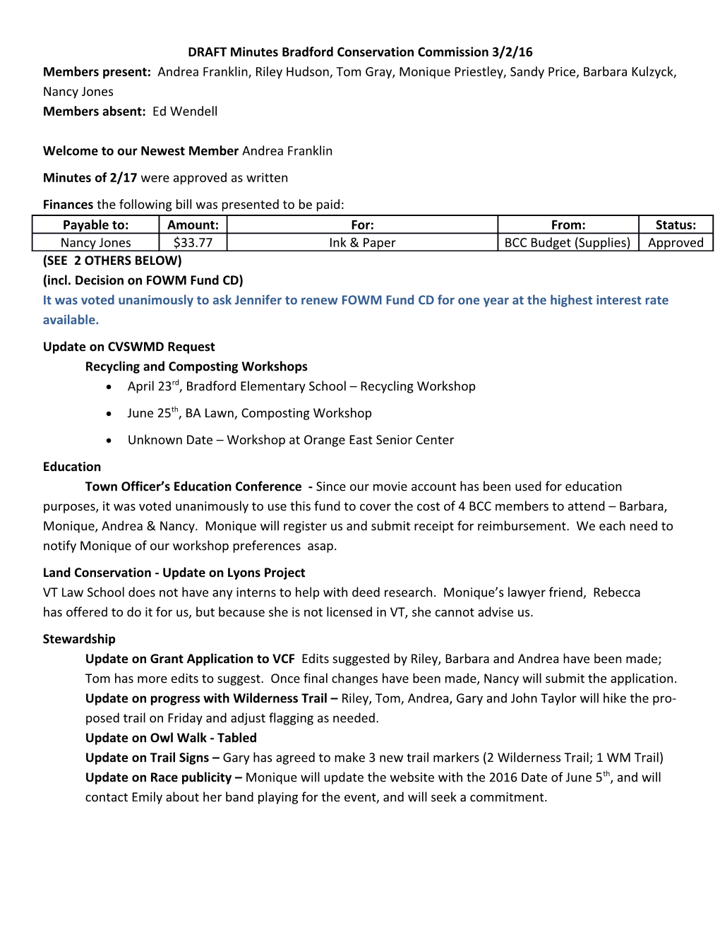 DRAFT Minutes Bradford Conservation Commission 3/2/16