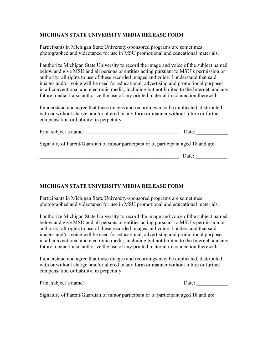 Michigan State University Media Release Form