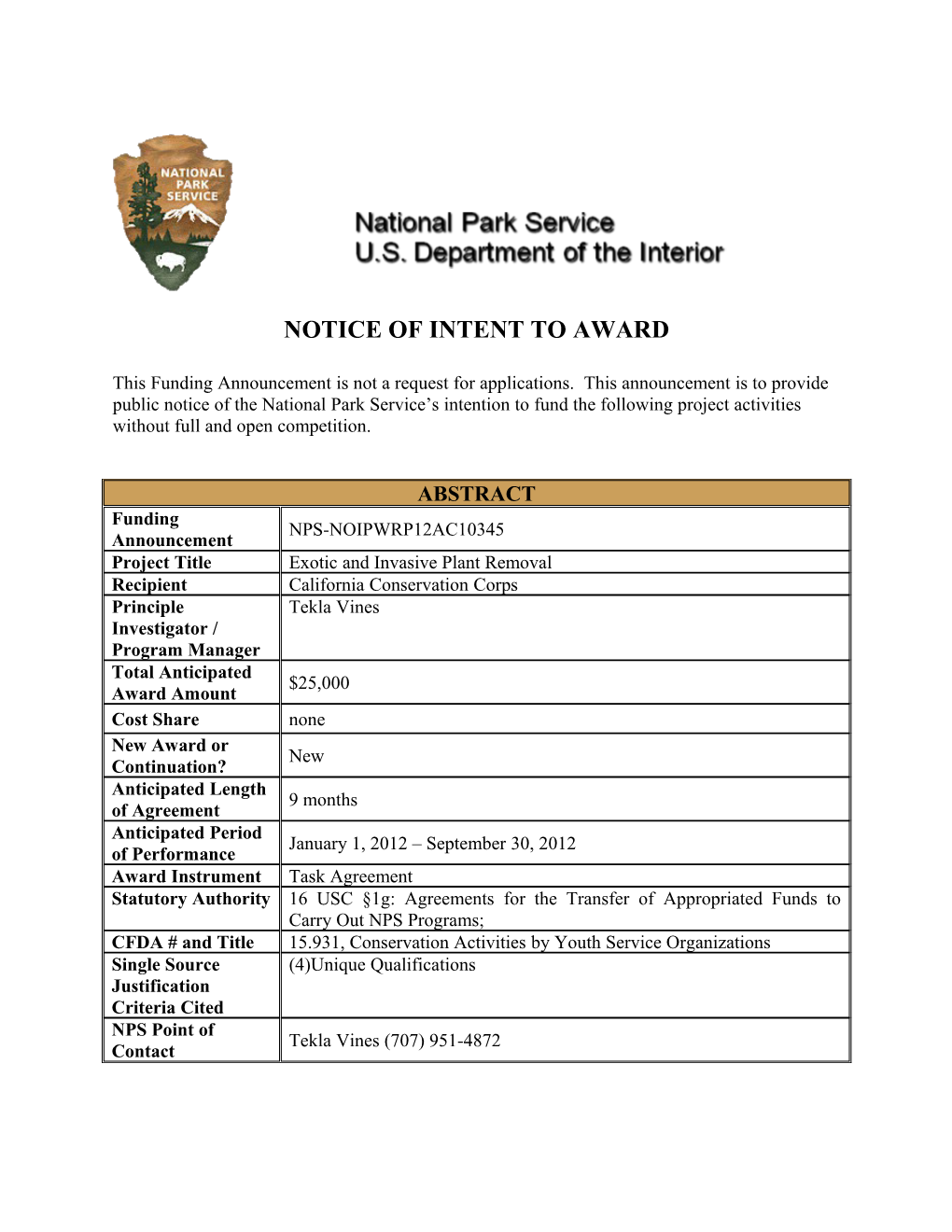Notice of Intent to Award s2