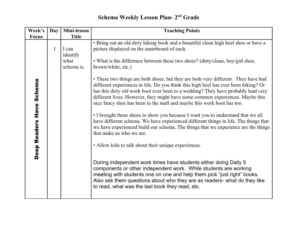 Schema Weekly Lesson Plan- 2Nd Grade