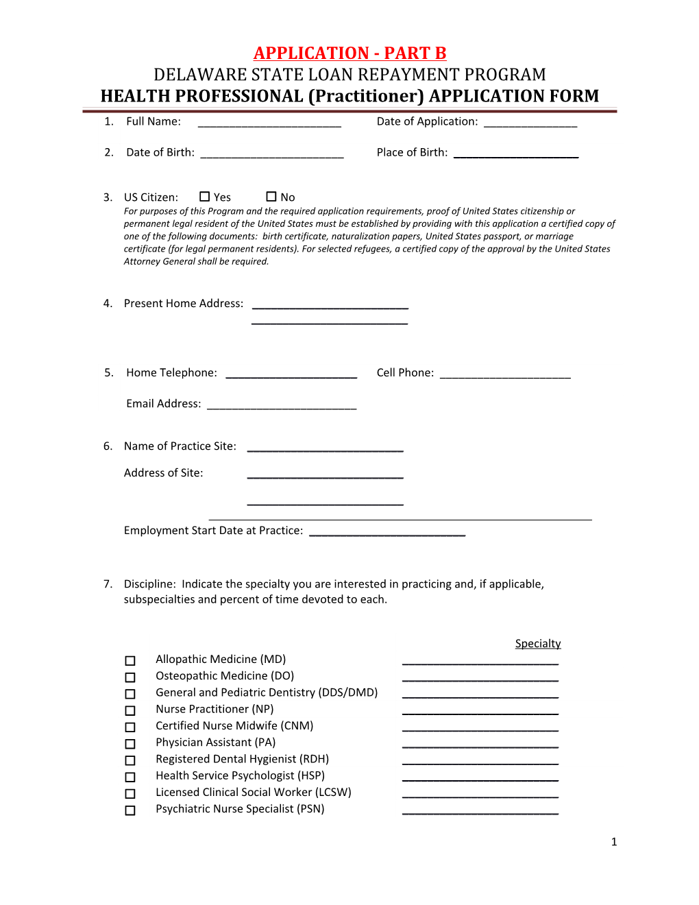 HEALTH PROFESSIONAL (Practitioner) APPLICATION FORM