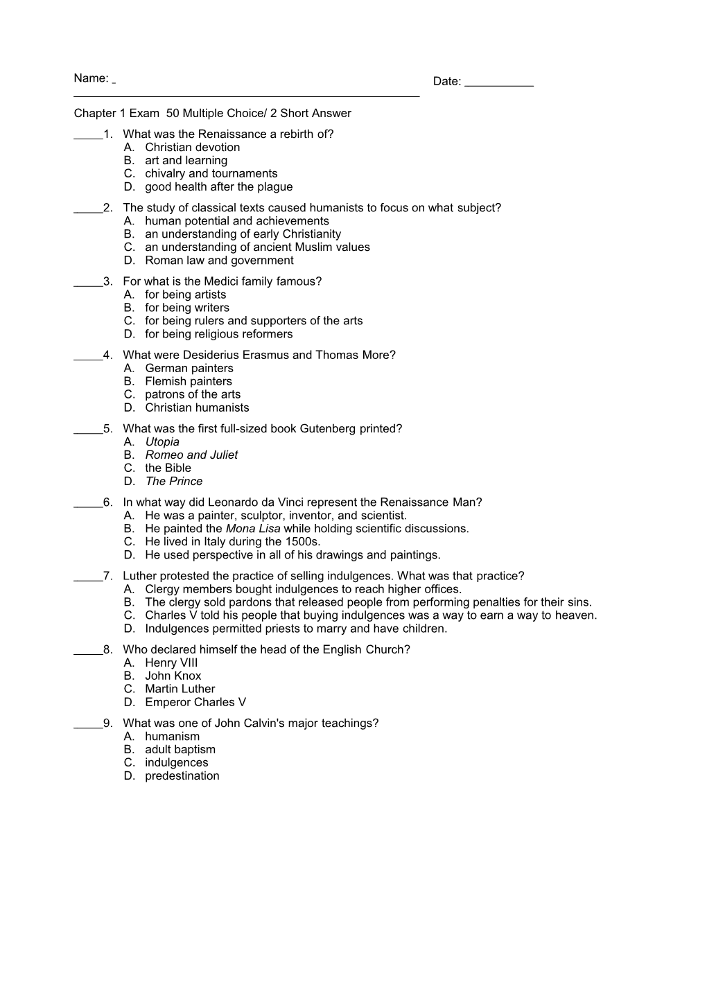 Chapter 1 Exam 50 Multiple Choice/ 2 Short Answer