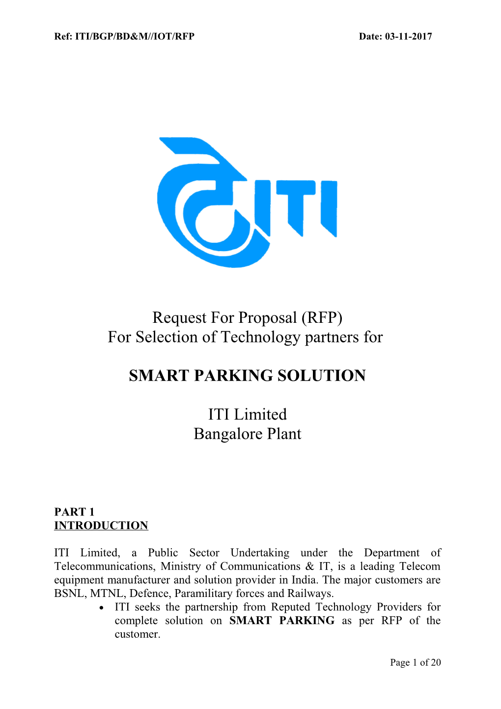 Ref: ITI/BGP/BD&M IOT/RFP Date: 03-11-2017