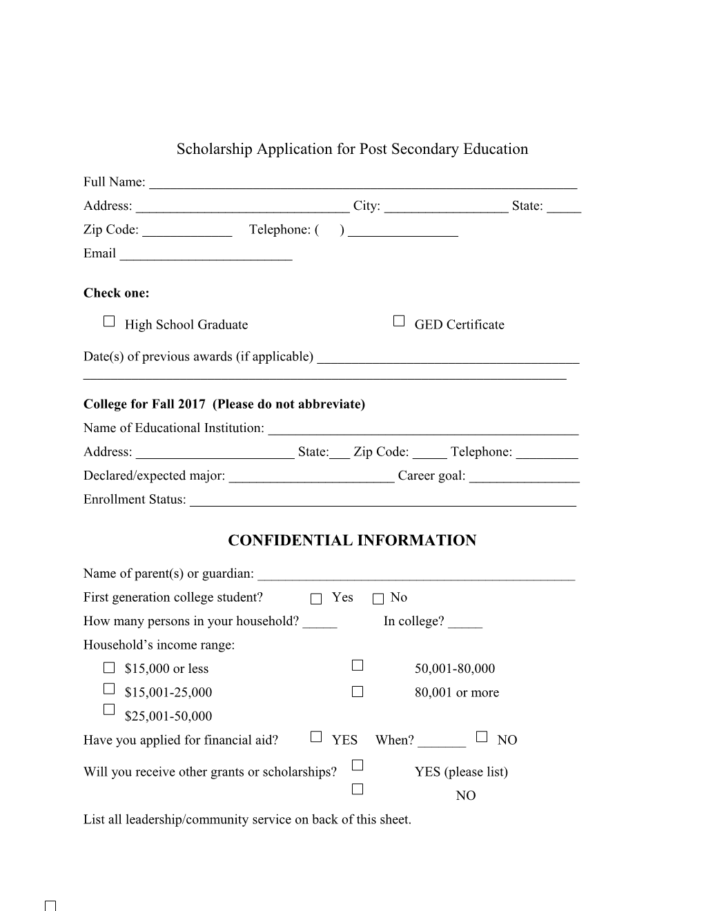 Scholarship Application for Post Secondary Education