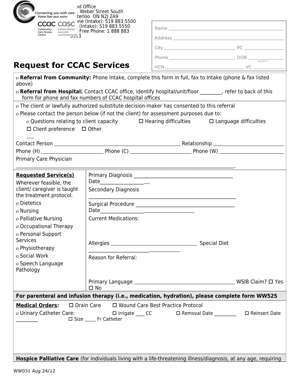 WW031 Request for CCAC Services