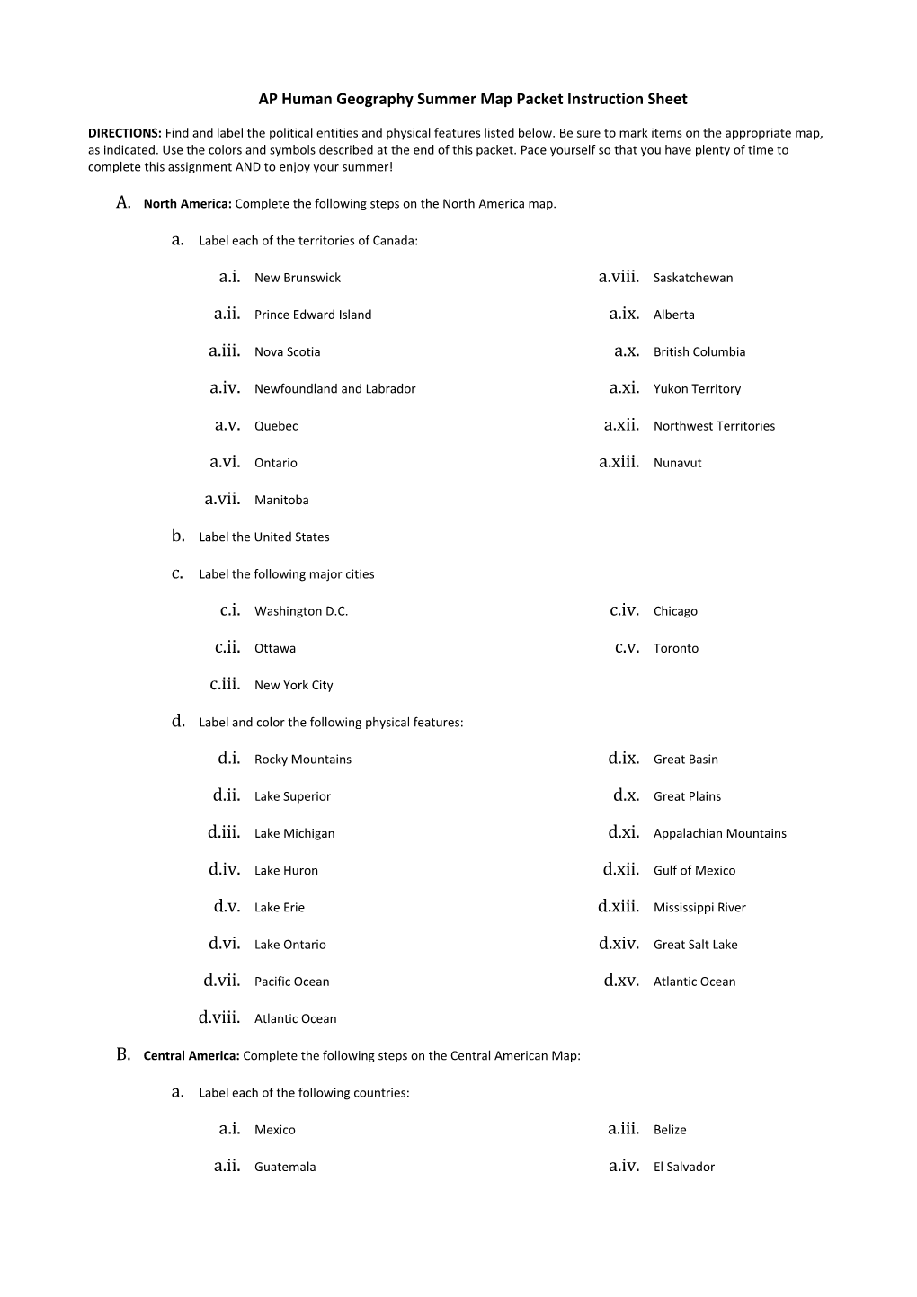 AP Human Geography Summer Map Packet Instruction Sheet