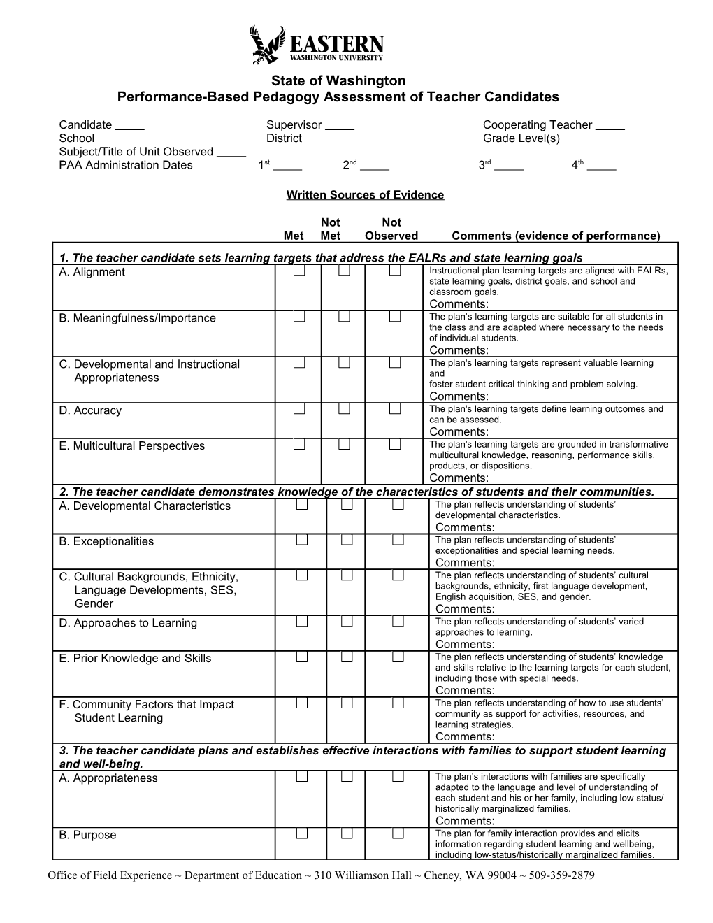 Pedagogy Assessment Record