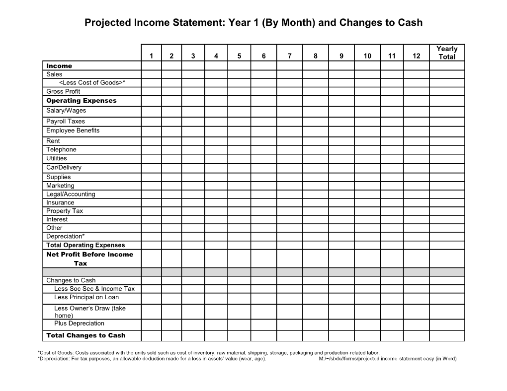 Projected Income Statement: Year 1 (By Month)