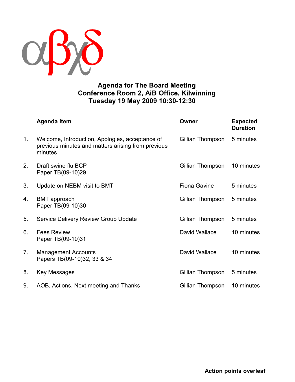 Agenda for Management Board Meeting 15 January at 10