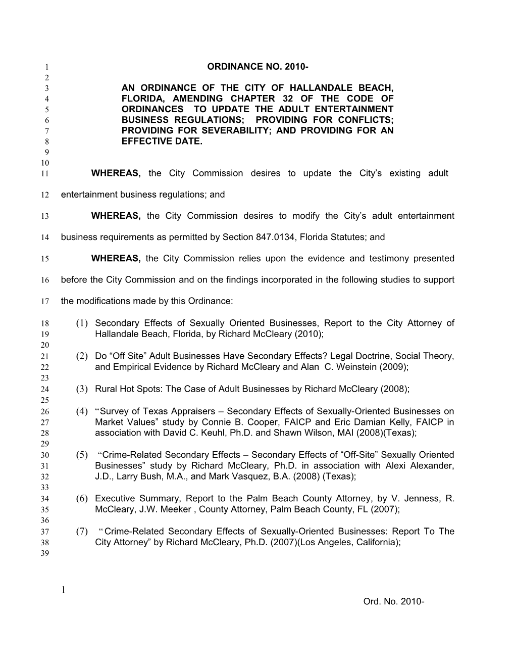 An Ordinance of the City of Hallandale Beach, Florida, Amending Chapter 32 of the Code