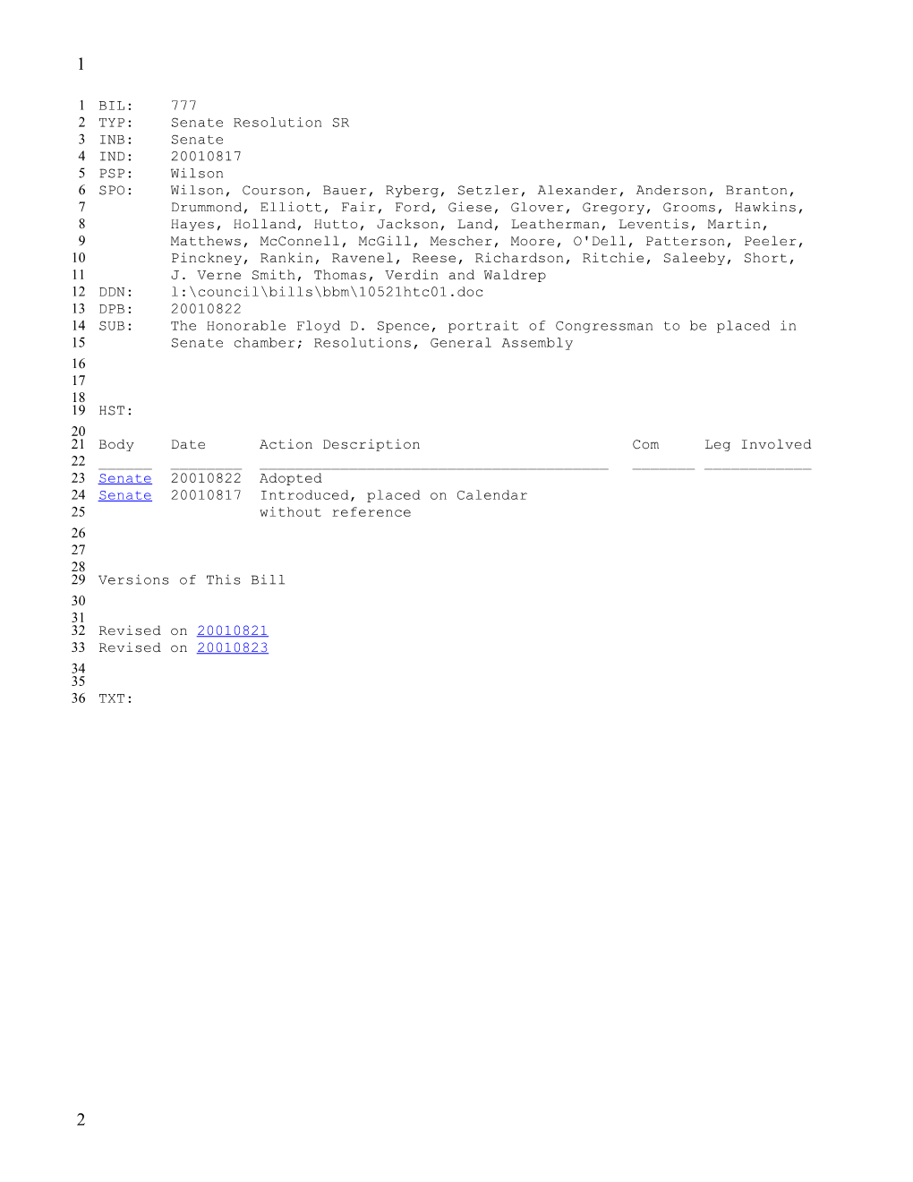 2001-2002 Bill 777: the Honorable Floyd D. Spence, Portrait of Congressman to Be Placed