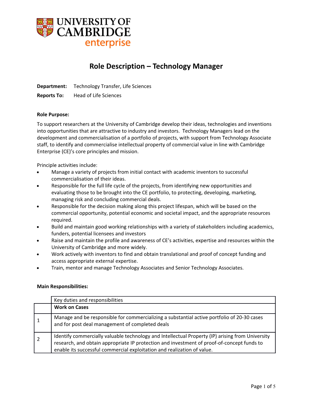 Role Description Technology Manager