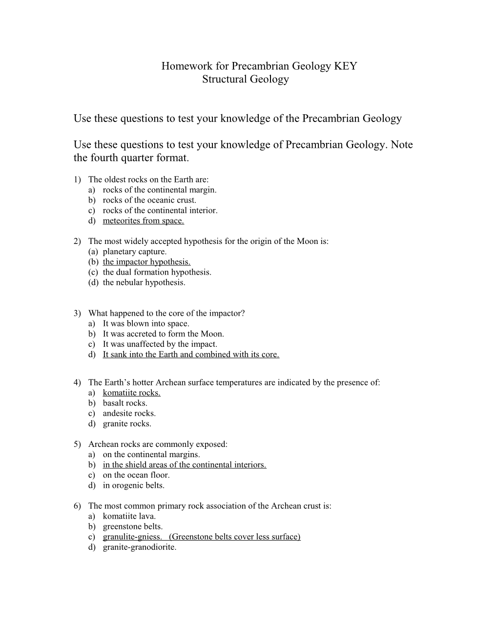 Homework for Precambrian Geology KEY