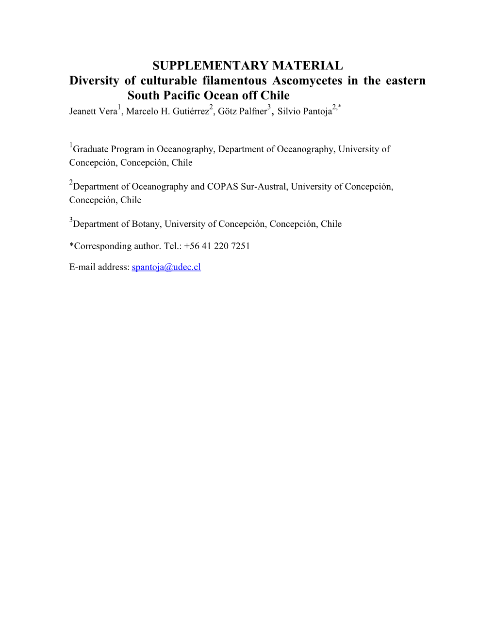 Diversity of Culturable Filamentous Ascomycetes in the Eastern South Pacific Ocean Off Chile