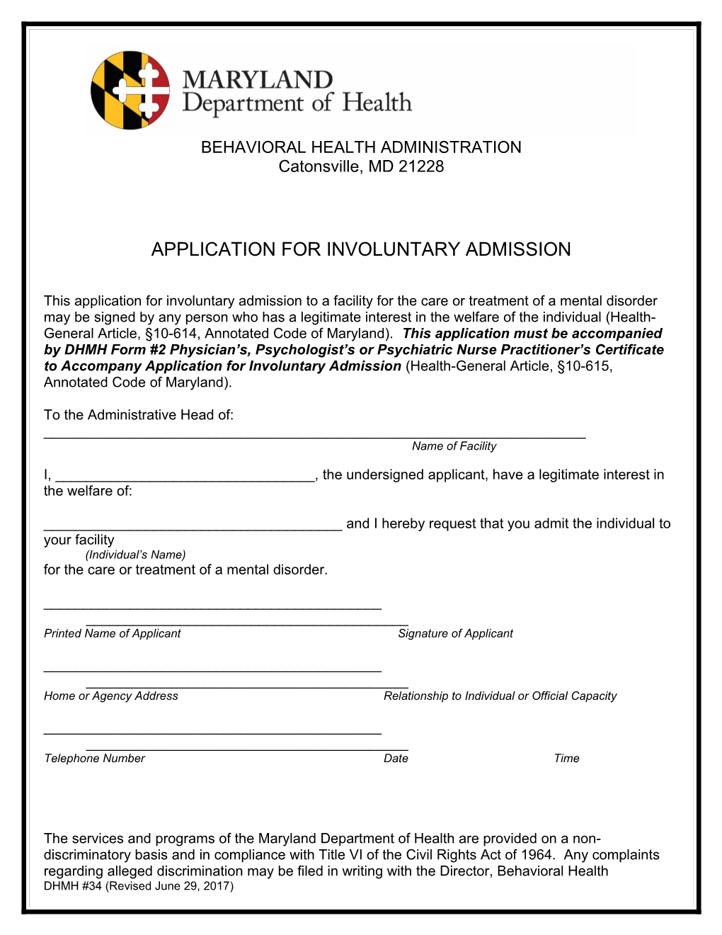 Application for Involuntary Admission