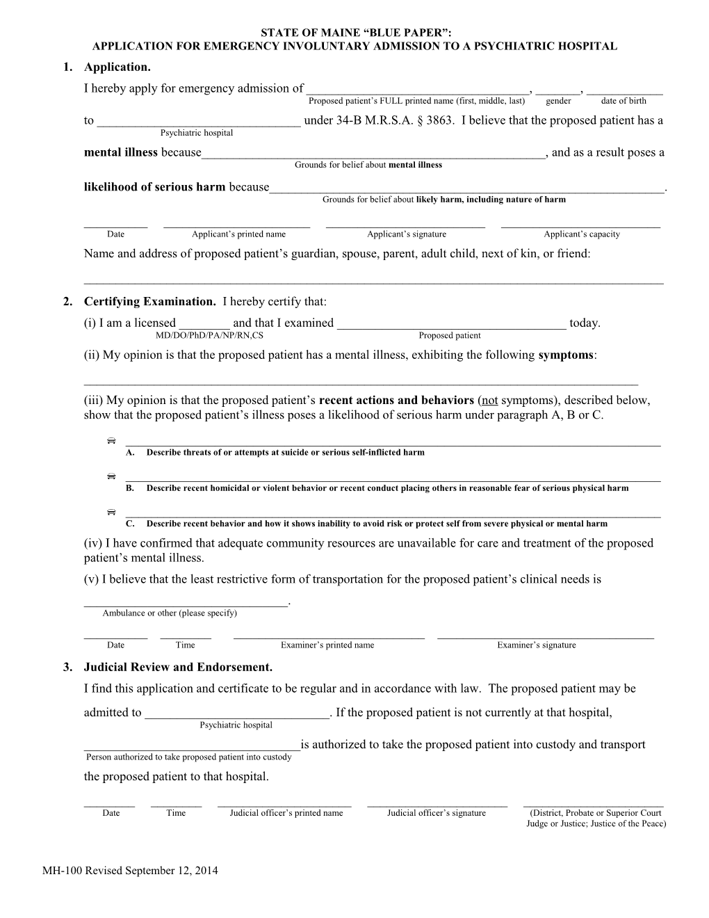 Application for Emergency Involuntary Admission to a Psychiatric Hospital