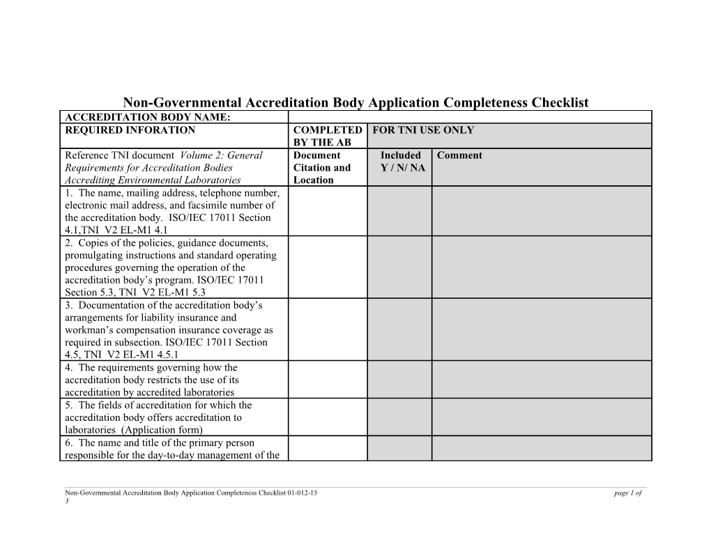 Non-Governmental Accreditation Body Application Completeness Checklist